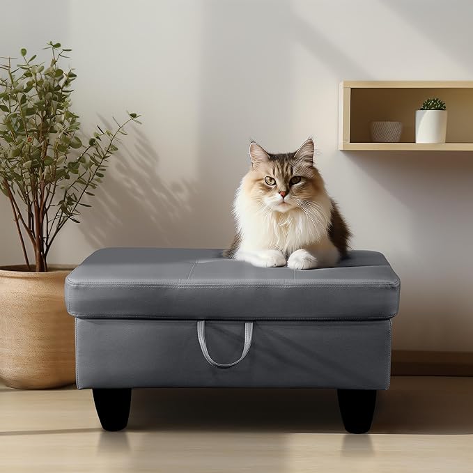 Ottoman Rectangular Storage Ottoman Bench, Faux Leather Footrest, Coffee Table, Stool Footstool with Hinged Lid for Living Room, Bedroom, Entryway, Gray, 28.5"x19"x17.5"-Ruum Studio Home