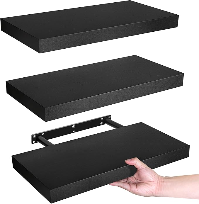 LaVie Home Floating Shelves, 15.6 Inch Wall Shelf Set of 3, Hanging Shelf with Invisible Brackets, Wall Decor for Bathroom, Bedroom, Living Room, Kitchen Storage, Classic Black-Ruum Studio Home