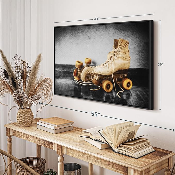 ElephantStock Vintage Skates Pop Wall Art - Horizontal Framed Canvas - 1-Piece Living Room Wall Decor - Sport Photography Canvas Print - Beige and Black Decor for Wall - 43" X 29"-Ruum Studio Home