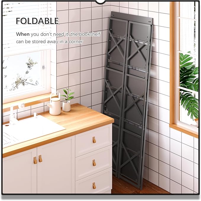 4NM 6 Tiers No Assembly Book Shelves, 61.8" H Folding Bookshelf Bookcase Open Industrial Foldable Shelves for Bedroom, Living Room, Home Office - All Black-Ruum Studio Home