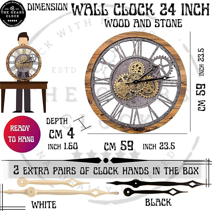 The Gears Clock The Original Real Moving Gear Wall Clock Vintage Industrial Oversized Rustic Farmhouse (24 inch (60cm),Wood&Stone)-Ruum Studio Home