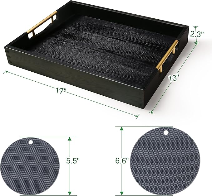 LotFancy Wood Serving Tray, 17x13”, Large Ottoman Tray with Metal Handles, Decorative Wooden Tray for Living Room, Ottoman, Coffee Table, 2 Skidproof Coasters Included, Black-Ruum Studio Home