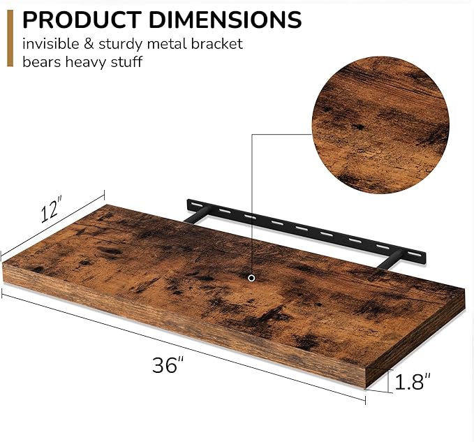 Fun Memories Floating Shelves - 2 Pack 12 Inch Rustic Wooden Wall Shelves - Extra Deeper & Thicker Wall Mounted Storage Shelf for Living Room, Kitchen, Farmhouse - 36" W x 12" D x 1.8" H - Brown-Ruum Studio Home