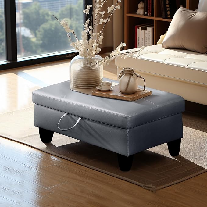 Ottoman Rectangular Storage Ottoman Bench, Faux Leather Footrest, Coffee Table, Stool Footstool with Hinged Lid for Living Room, Bedroom, Entryway, Gray, 28.5"x19"x17.5"-Ruum Studio Home