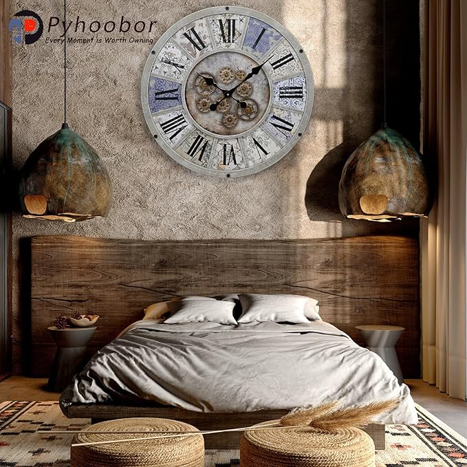 Unique Moving Gear Large Wall Clock 21inch-Battery Powered. Retro Industrial Steampunk Country Farmhouse Decor for The Living Room Kitchen Bars cafes Offices(whith/metal/21)-Ruum Studio Home