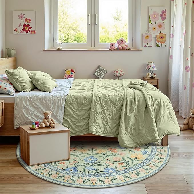 Wonnitar Washable Round Area Rug, 5ft Green Floral Round Rug Boho Soft Circle Carpet, Non Slip Low Pile Circle Accent Carpets for Kitchen Living Room Entryway Bedroom-Ruum Studio Home