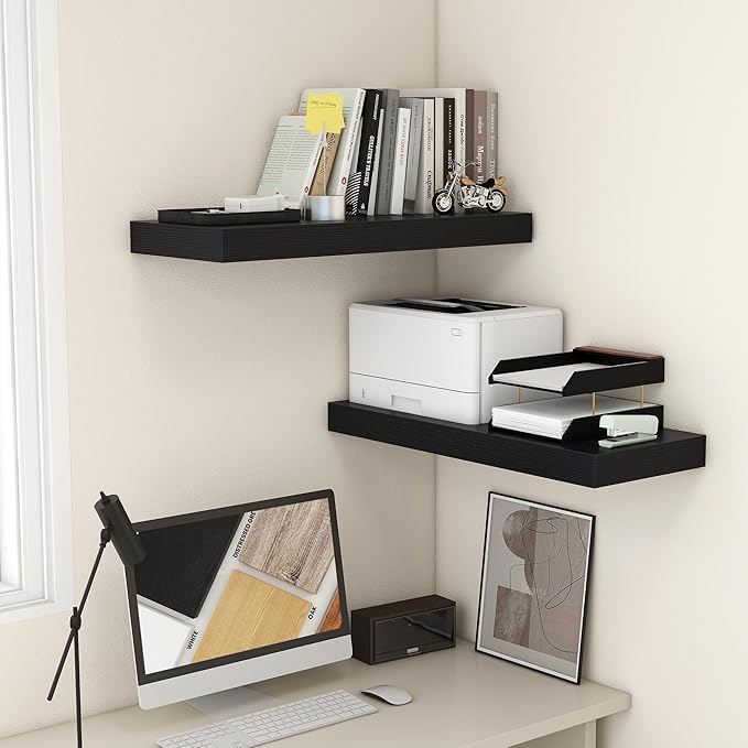 Deep Floating Shelves for Wall | 30W x 12D Black Floating Shelves Set of 2 | 12 Inch Deep Wall Shelves for Living Room Bathroom Laundry Room Bedroom Kitchen Home Office - Black-Ruum Studio Home