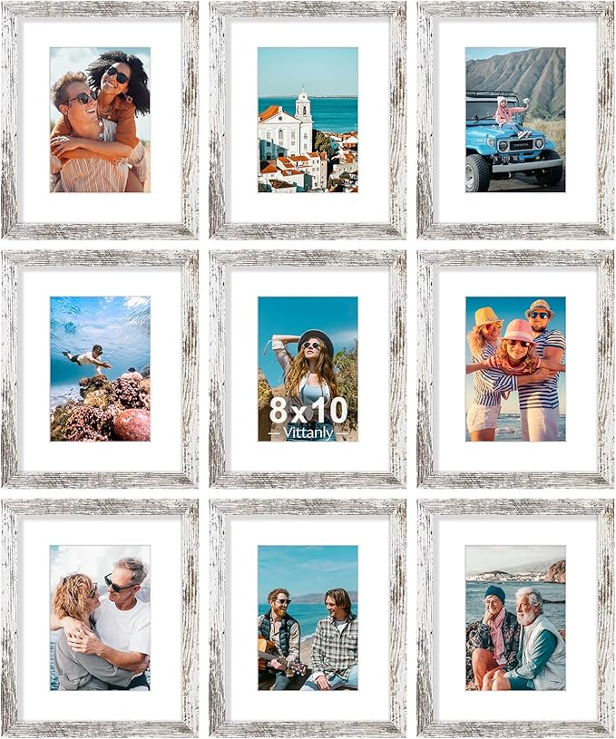 Vittanly 8x10 Picture Frames Set of 9, Shatter Resistant Plexiglass, Display 5x7 Pictures with Mat or 8x10 without Mat, Photo Frames for Wall or Tabletop, Engineered Wood, Distressed White-Ruum Studio Home