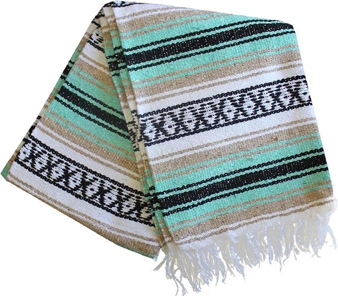 Del Mex Classic Mexican Blanket, Large Authentic Woven Falsa Throw (70"x50"), Artisan Southwest Décor for Beach, Yoga, Outdoors (Mint/Tan)-Ruum Studio Home