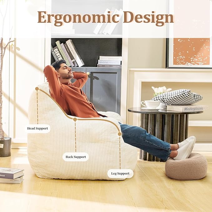 Bean Bag Chair for Adults - Faux Fur, Fluffy and Comfy with Filler, Big Sofa for Reading, Gaming (Beige, Oversize)-Ruum Studio Home