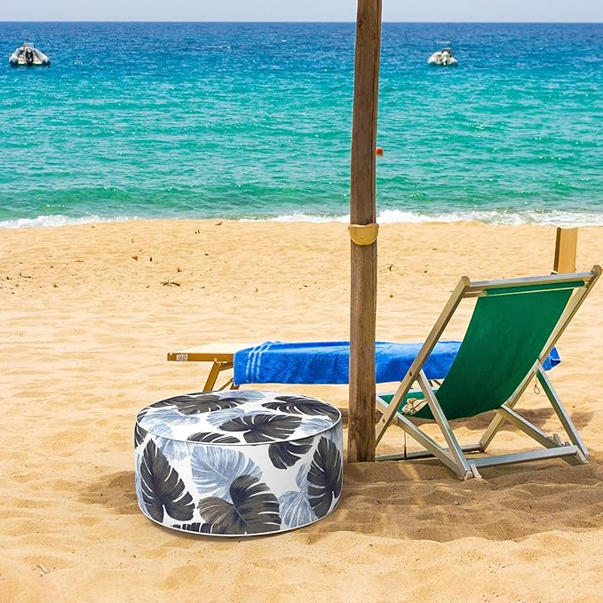 Inflatable Ottoman Stool D21 xH9 for Outdoor/Indoor Use, Water Repellent Patio Foot Rest Stool with Portable Handle,Round Pouf Ottoman Suitable for Garden,Deck and Camping - Monstera Blue-Ruum Studio Home
