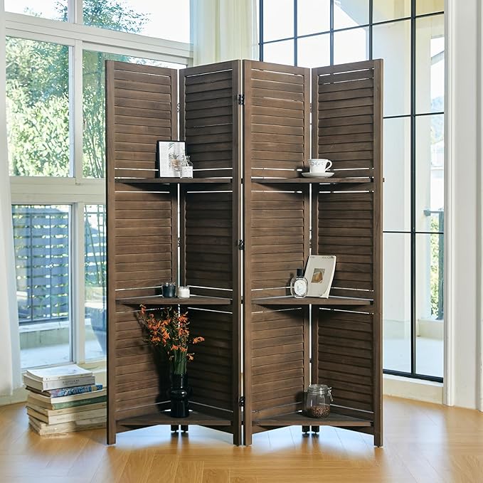 Room Divider with Shelves, 5.6 Ft Tall Folding Wood Screen with Double Hinges for Home Office Bedroom Hotel Decoration (4 Panels, Brown)-Ruum Studio Home