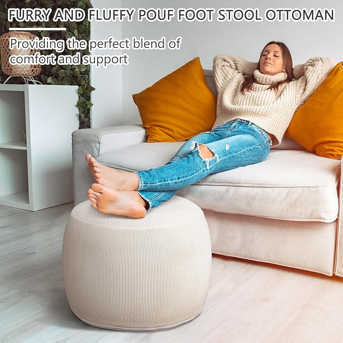 2 Pack Round Inflatable Pouf Ottoman Foot Rest for Couch 20 x 16 Inch Cozy Portable Floor Corduroy Poufs Foot Stool Ottoman with Pump for Living Room Bedroom Chair, Beige-Ruum Studio Home