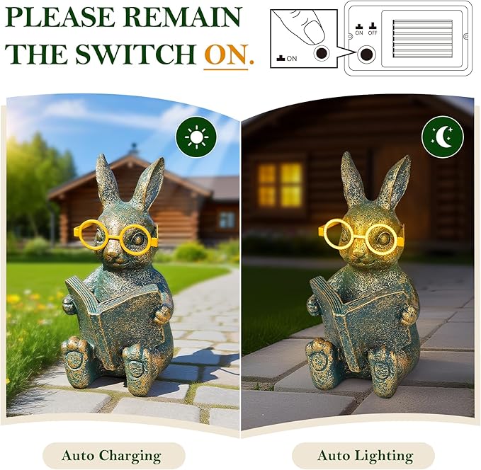 Solar Garden Decor, Adorable Rabbit Statue with Solar-Powered Glasses, Outdoor Decoration Lights for Patio, Yard & Balcony, for Kids, Mom & Grandma-Ruum Studio Home