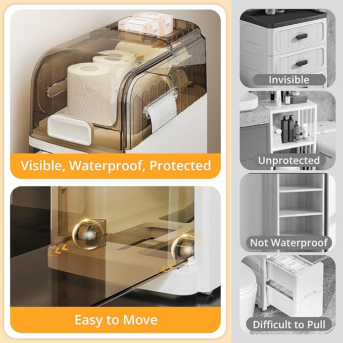 VECELO 5-Tier Narrow Beside Toilet Storage Cabinet, Plastic Bathroom Organizers and Storage with Drawers & Wheels, Space-Saving, Slim Toilet Paper Storage for Bathroom, Laundry Room, Small Space-Ruum Studio Home