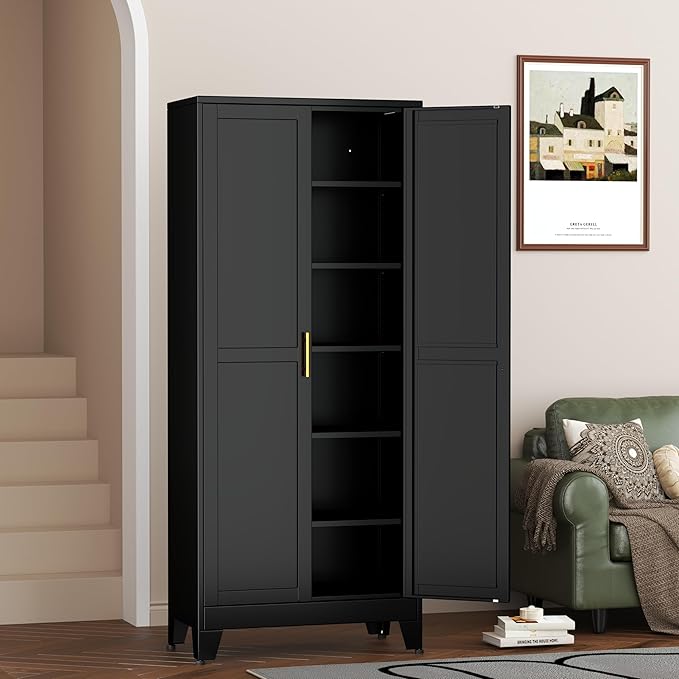 Metal Pantry Cabinet with 2 Doors and 5 Adjustable Shelves, 75" Kitchen Storage cabinets with Gold Handles, Versatile Storage for Laundry Room, Living Room, Bathroom, Dinning Room, Utility Room-Black-Ruum Studio Home