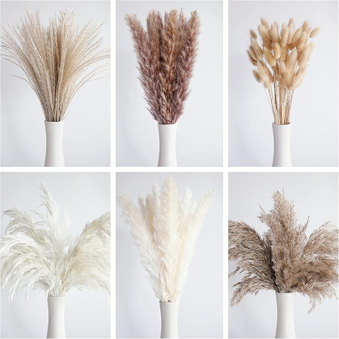 110 PCS Dried Pampas Grass Bouquet, Boho Table Decor, Bunny Tails Dried Flowers, Brown Pompas, White Pampas Grass for Wedding, Home, Rustic Party, Baby Shower Decorations-Ruum Studio Home