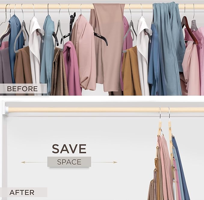 MORALVE Pants Hangers Space Saving - 2 Pack European Beechwood Scarf and Jean Hangers - Closet Organizer and Space Saver Pant Rack, Leggings Hanger, and Scarf Holder with 360° Swivel Hook-Ruum Studio Home