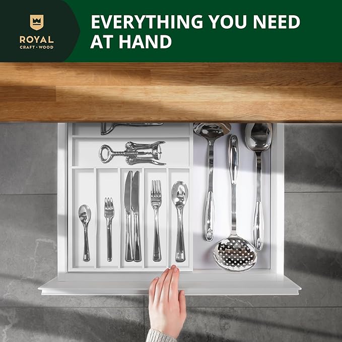 ROYAL CRAFT WOOD Luxury Bamboo Kitchen Drawer Organizer - Silverware Organizer - Utensil Holder and Cutlery Tray with Grooved Drawer Dividers for Flatware and Kitchen Utensils (7 Slot, White)-Ruum Studio Home