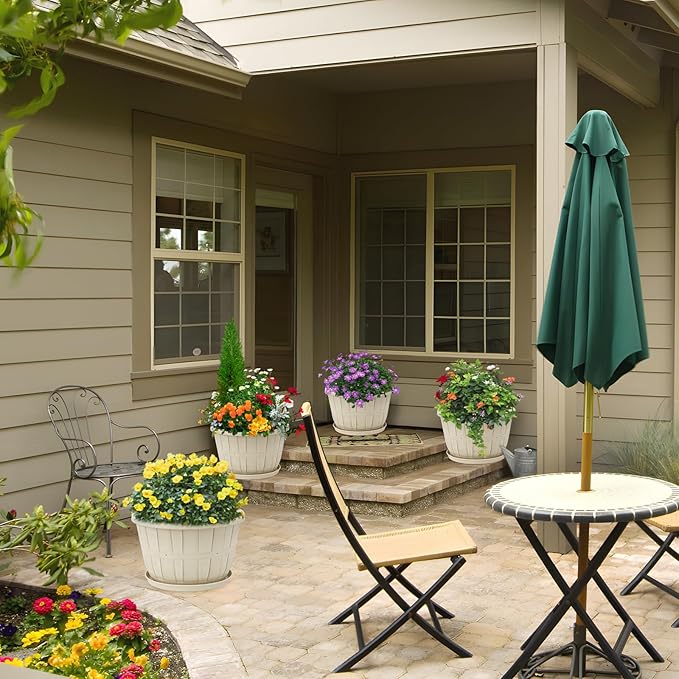 Quarut 14 Inch Plastic-Flower-Pot-for-Indoor-Plants, 4 Pack Large Outdoor Planter Pot with Drainage Holes & Saucers, Resin Decorative Garden Pots Planters（White）-Ruum Studio Home