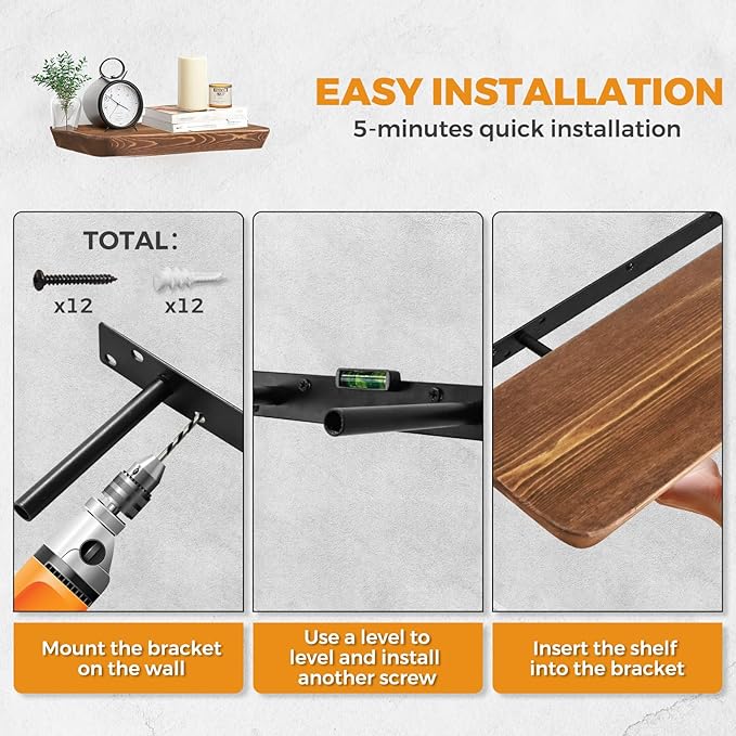 16"x6.8"x1.6" Slanted Floating Wall Shelves 2-Pack - Rustic Brown Finish, Heavy-Duty Solid Wood Design with Hidden Brackets - Perfect for Living Room, Kitchen, Bathroom, or Office-Ruum Studio Home