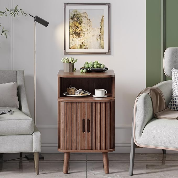 Alohappy Mid Century Modern End Table with Sliding Tambour Door, Fluted Wood Nightstand, Curved Round Edge Side Table with Storage Cabinet for Bedroom, Living Room, Walnut-Ruum Studio Home