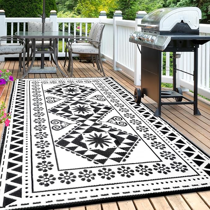 Waterproof Outdoor Rug 8x10ft, Reversible Plastic Straw Mat Rugs for Patio RV Deck Porch Backyard Balcony Camping Picnic Beach Indoor Outdoor Carpet, Black&White-Ruum Studio Home