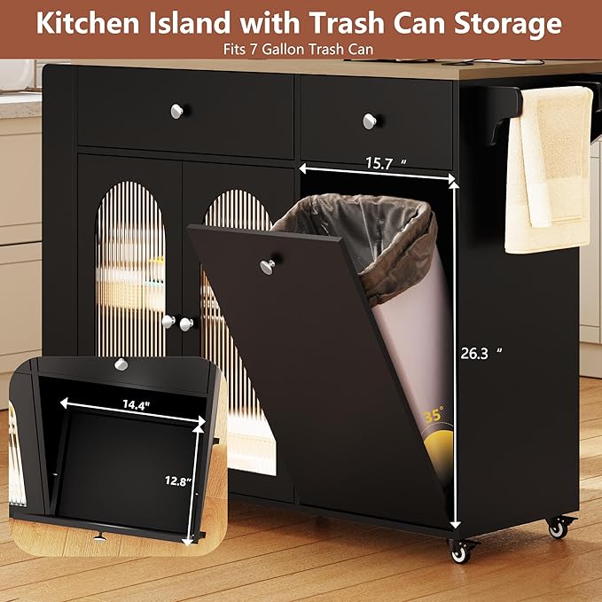 Kitchen Island with Drop Leaf & Power Outlet, Rolling Kitchen Island on Wheels with Trash Can Storage, Island Table Bar Cart with Spice Rack, Towel Rack, Drawers, Mobile Kitchen Carts on Wheels-Ruum Studio Home