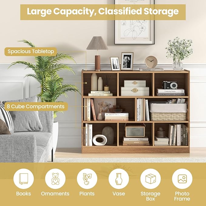 Tangkula 8-Cube Bookcase, Wood 3 Tier Open Storage Bookshelf, Modern Multipurpose Display Cabinet for Living Room, Study, Reading Nook, 48 x 12.5 x 36.5 Inch, Natural-Ruum Studio Home