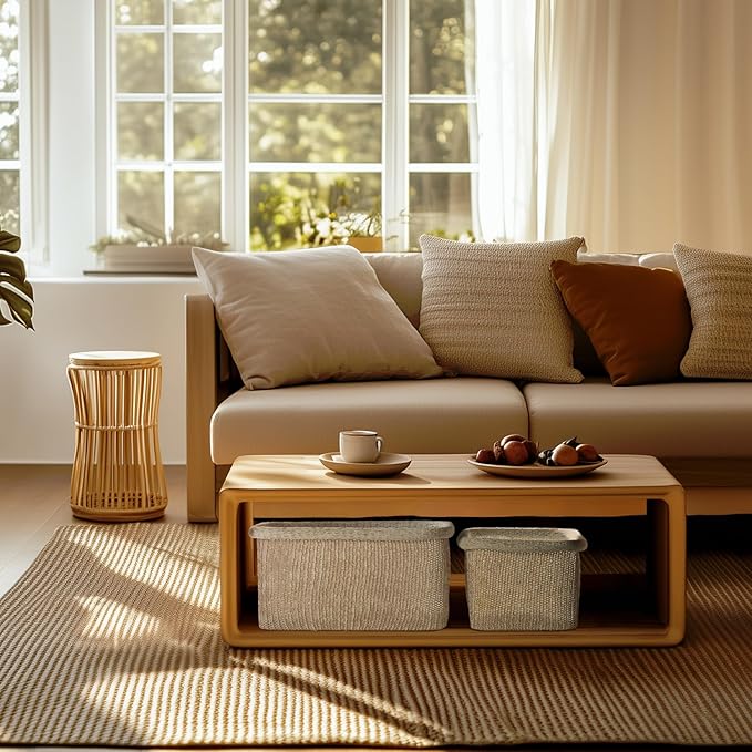 La Jolie Maison Blended Fabric Storage Baskets Set of 2, Rectangle Knitted Baskets for Organizing, Boho Decorative Baskets, Durable Finish, Oatmeal-Ruum Studio Home