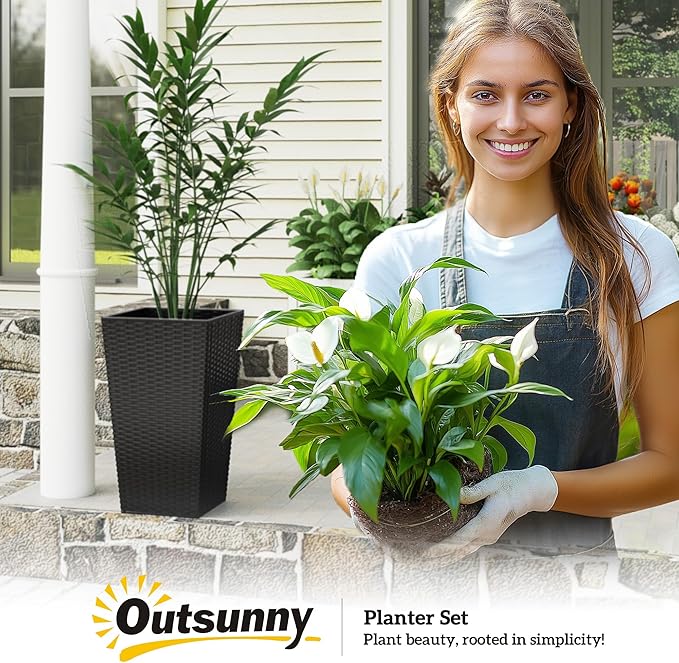 Outsunny Tall Planters for Outdoor Plants Set of 3, 24 in Taper Planters with Drainage Holes, Rattan Decor Plant Pots for Indoor Outdoor Front Porch Patio Backyard, Black-Ruum Studio Home
