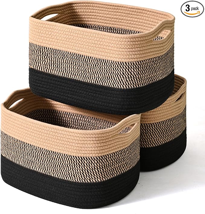 Storage Baskets for Organizing Shelves, Decorative Baskets for Storage, Woven Cotton Rope Basket for Living Room Bedroom Nursery, 15"x11"x9.5", 3 Packs, Gradient Black & Jute-Ruum Studio Home