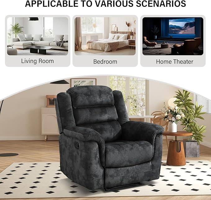 EBELLO Manual Recliner Chair, Soft Fabric Recliner Sofa with Overstuffed Armrest and Backrest for Living Room, Bedroom, Grey-Ruum Studio Home