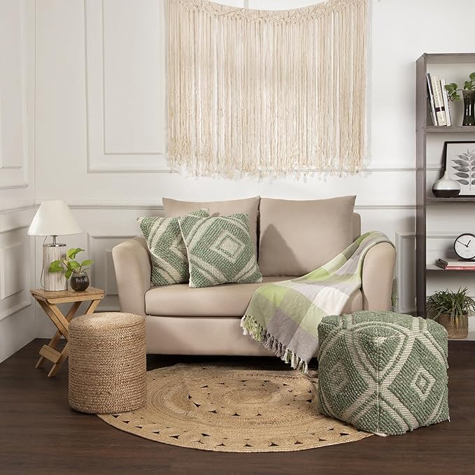 REDEARTH · Tufted Pouf Ottoman with Filler Textured Storage Cube Bean Bag Pouffe Footrest for Living Room, Bedroom, Nursery, Kidsroom; 100% Cotton (17.5"X17.5"X17.5", Solitaire Lozenge Kiwi)-Ruum Studio Home