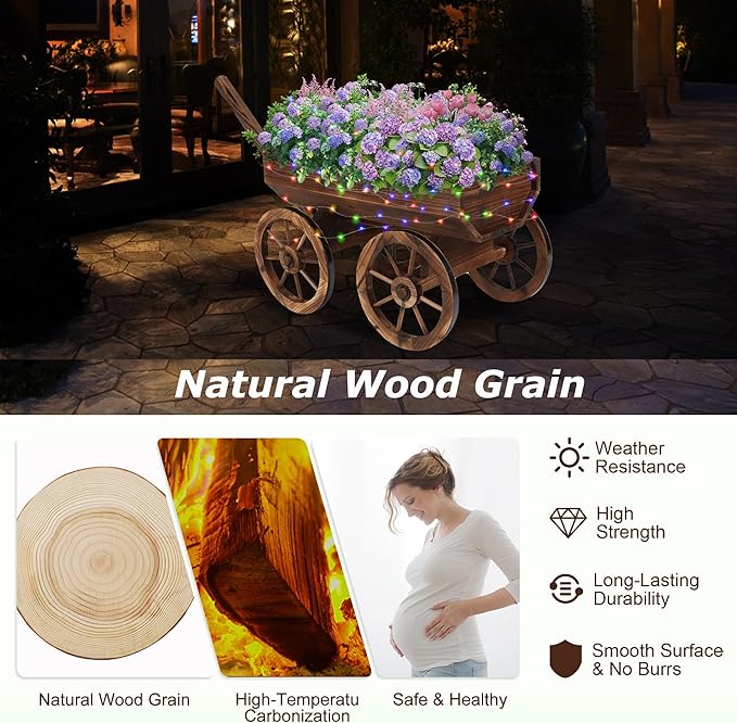 Garden Wooden Decor Rustic Flower Pot,Planters Wagon Indoor Outdoor Backyard Balcony Decor,for Outside Garden Decor Wheelbarrow Planter for Patio (Wooden Wagon with Light)-Ruum Studio Home