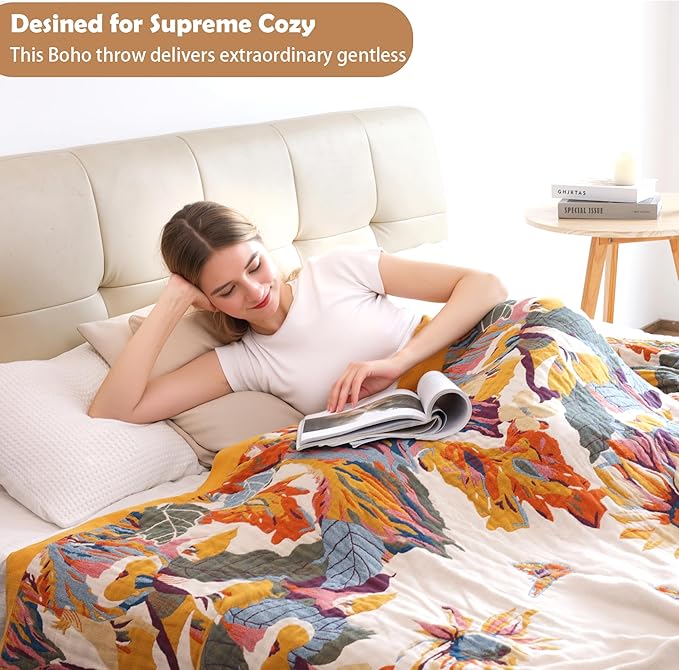 Boho Large Throw Blanket, 100% Organic Cotton Breathable Soft Bed King Throw - Fall Floral Bird Butterfly Farmhouse Decor Blanket for Sofa Couch Chair and Gift. 91" x 98"-Ruum Studio Home