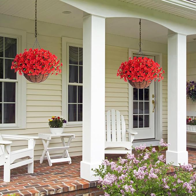 Ivydale Artificial Faux Hanging Flowers Plants Baskets for Outdoors Outside Spring Decoration, Fake Silk Red Morning Glory UV Resistant Look Real for Front Door Porch Patio Balcony Yard Garden Home-Ruum Studio Home