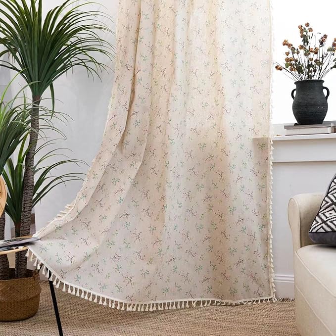 Sutuo Home Florals Boho Farmhouse Curtains, Semi-Blackout Drape Bohemian Window Treatment Cotton Linen Panel with Tassels for Bedroom Living Room, Rod Pocket, 1 Panel 59" W x 84" L-Ruum Studio Home