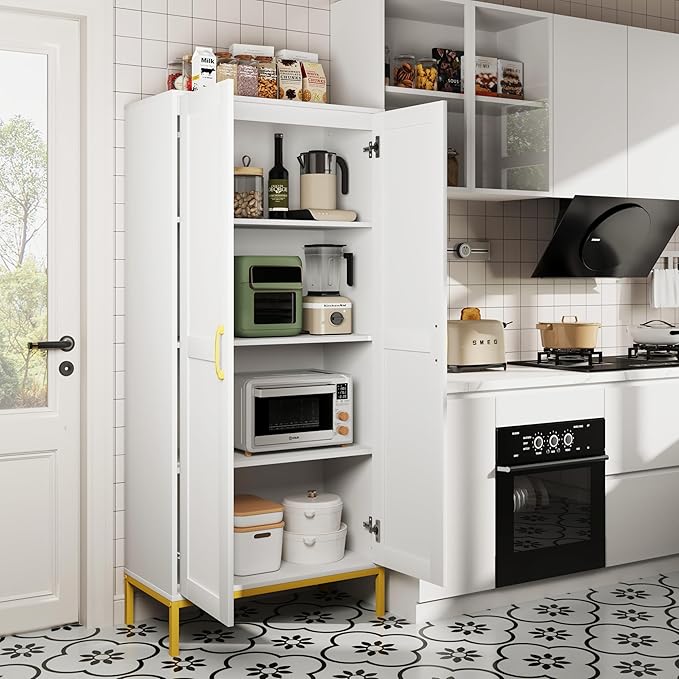 Tall Storage Cabinet, Kitchen Pantry Cabinet with 2 Doors & Adjustable Shelves for Laundry Room, Living Room, Entryway,Bathroom,White-Ruum Studio Home