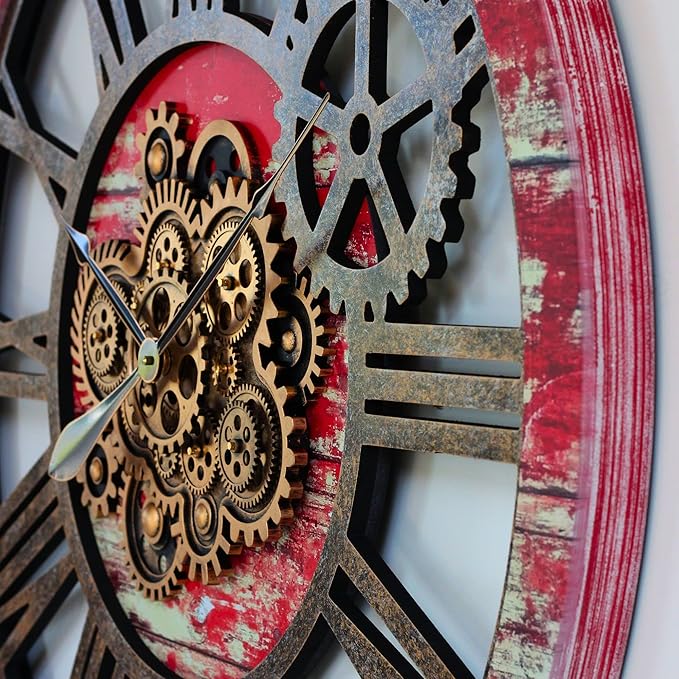 The Gears Clock 36'' Inch Real Moving Gear Wall Clock Vintage Industrial Oversized Rustic Farmhouse (Red Lava)-Ruum Studio Home