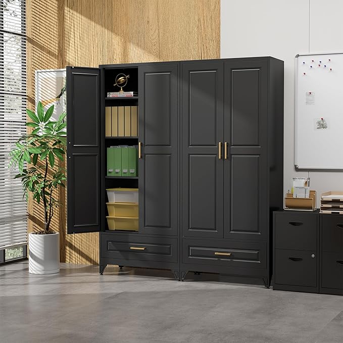75" Kitchen Pantry Cabinet with Drawer, Metal Storage Cabinets with Doors and 4 Adjustable Shelves,Black Kitchen Cabinet with 2 Gold Handles,Food Cupboard for Livingroom,Pantry-Ruum Studio Home