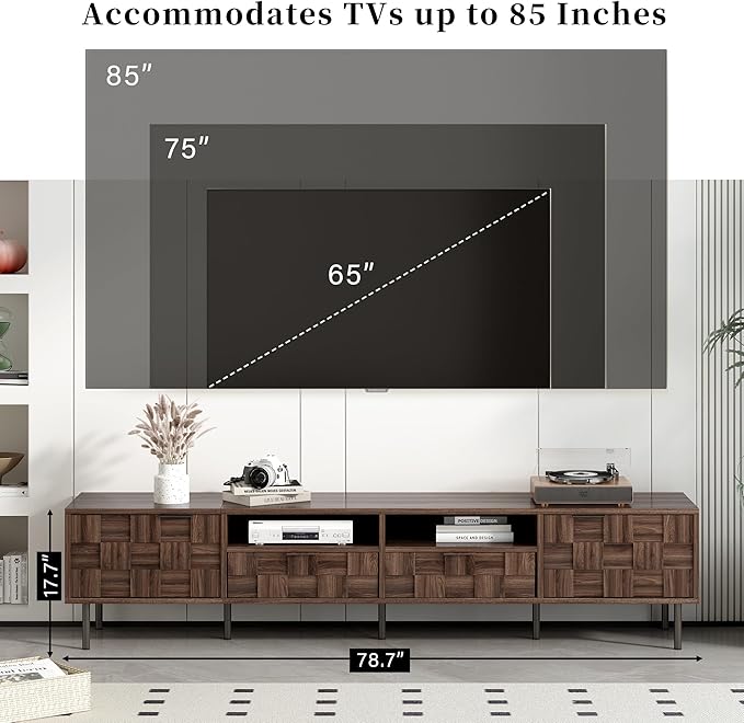 Modern TV Stand for TVs up to 85", Mid-Century Media Console with Checkered Cabinet Doors, Storage Drawers & Open Shelves, Wood Entertainment Center with Metal Legs-Ruum Studio Home