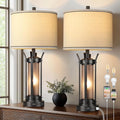 QiMH Farmhouse Table Lamps for Living Room, Beside Lamps for Bedroom with USB A+C Charging Ports, Rustic Nightstand Lamp Set of 2 with Frosted Glass Night Light, 4 Bulbs Included (Black)-Ruum Studio Home