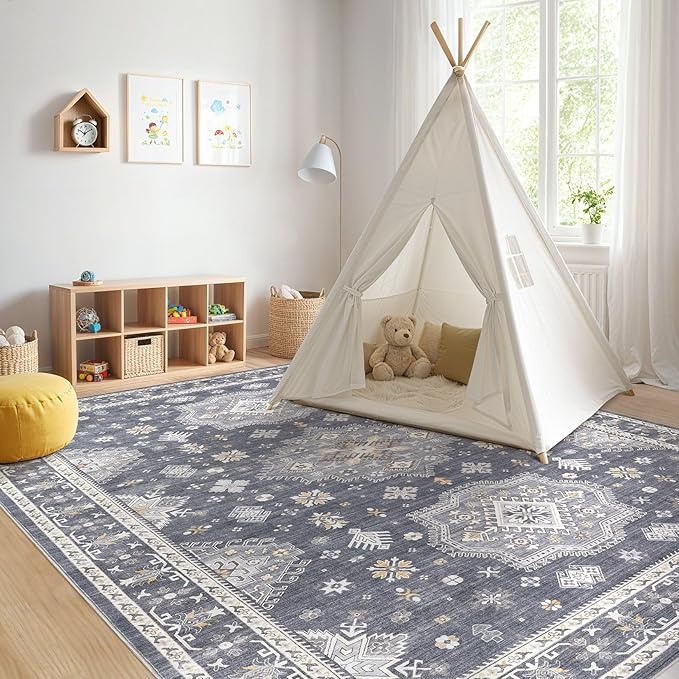 Washable Area Rugs for Living Room -8x10 Neutral Vintage Distressed Floral Farmhouse Boho Large Soft Floor Rug Indoor Non Slip Carpet for Living Room Bedroom Dining Room Office - Denim Blue/Grey-Ruum Studio Home