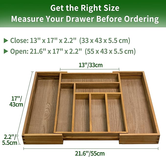 VaeFae Teak Drawer Organizer, Large Silverware Organizer, Expandable Utensil Organizer for Kitchen Drawer, Wooden Cutlery Tray Drawer Dividers Organizer-Ruum Studio Home