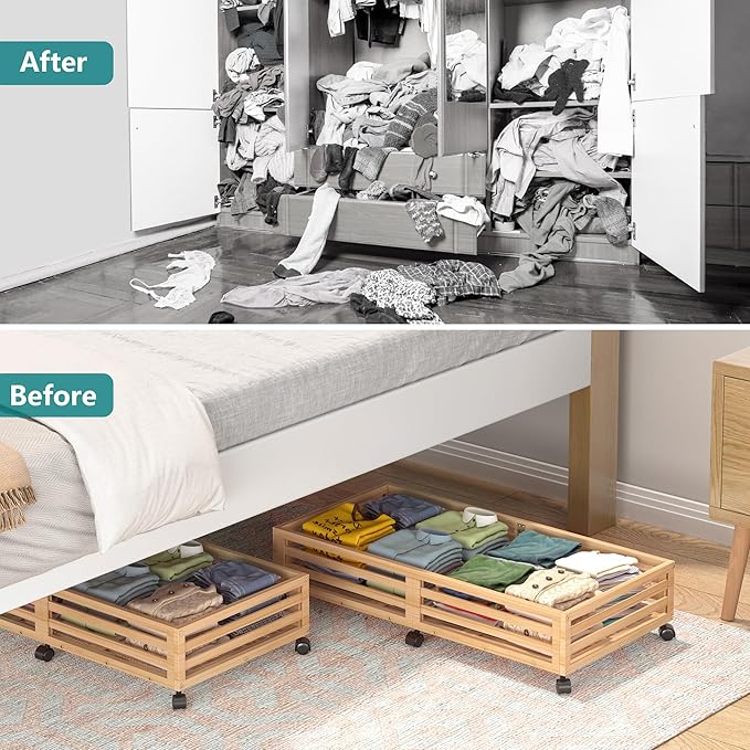 Bamboo Under Bed Storage Containers- Underbed Organizer with Wheels with Large Dust Bag,Sturdy Wood Rolling Under the Bed Shoe Storage Organizer Drawer 2 Packs (Nature, Long)-Ruum Studio Home