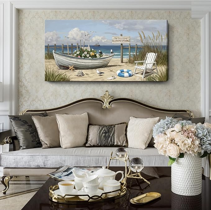 amatop Large Coastal Wall Art Nautical Beach Canvas Art Print Flower-Filled Boat on Sand Ocean Waves Seaside Seascape ArtworkSea Birds Marine Picture Home Decor for Living Room Bedroom Office 48×24 Inch-Ruum Studio Home