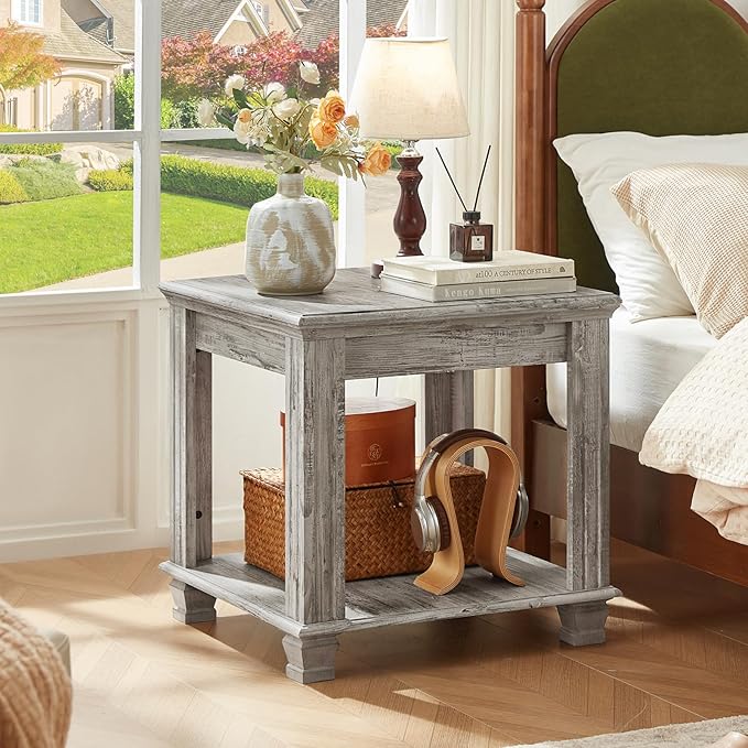 Farmhouse End Table,Large Side Table with 2-Tier Storage Shelf,Rustic Wood End Tables for Living Room,Square Tea Table,Gray-Ruum Studio Home