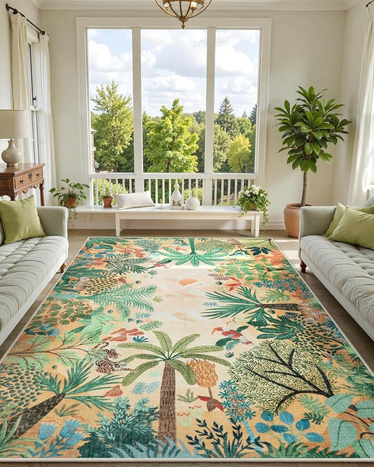 LIVEBOX Large 9x12 Forest Area Rug for Living Room, Soft Washable Sun Yellow Rugs for Bedroom, Non Slip Ultra Thin Floor Carpet Jungle Animal Print Rugs for Dining Room-Ruum Studio Home