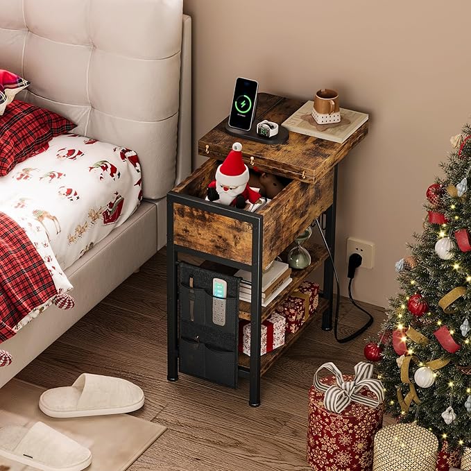 End Table with Charging Station, Flip Top Nightstand with USB Ports and Outlets, Couch Side Table with Fabric Bag and Hooks, Bedside Table for Space Saving, Living Room, Bedroom (Rustic Brown)-Ruum Studio Home